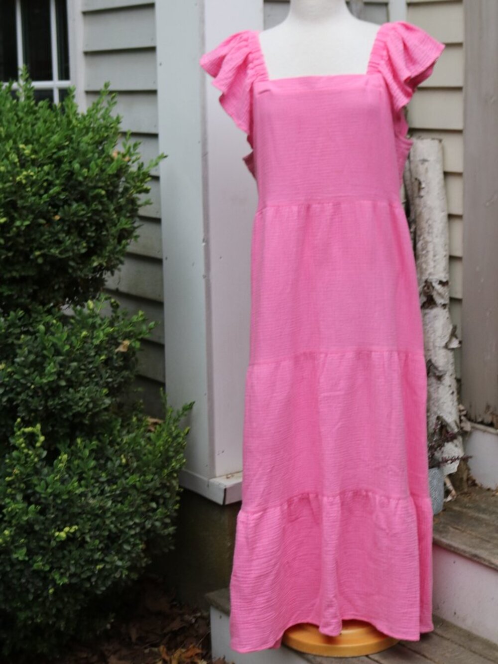 Mudpie Pink Crinkle Gauze Cotton Ruffle Cap Sleeve Tie Back Tiered Maxi Dress